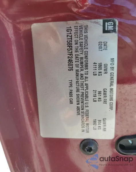 2007 Chevrolet Malibu Lt из США, поврежденный, VIN 1G1ZT58F57F246076